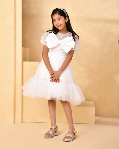 White Bow Tulle Party Dress for Girls — Sequin Bodice | Nibblekins