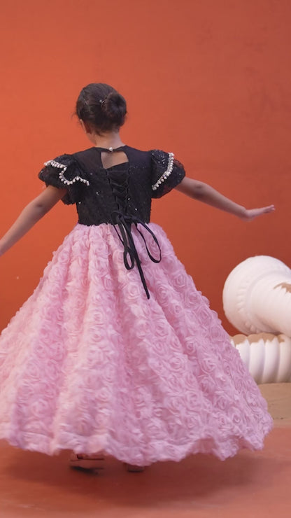 Pink 3D Rosette Ball Gown for Girls — Black Sequin Bodice | Nibblekins