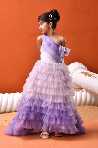 Purple Celeste layered ruffle party gown for girls — one-shoulder with cascading tulle and floral embellishment — Nibblekins
