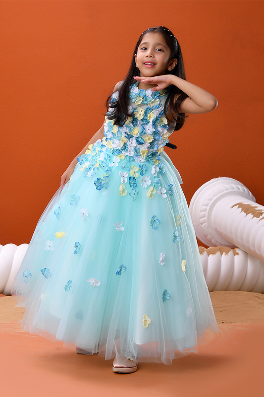 Aqua Blue Floral Cascade Ball Gown for Girls | Nibblekins