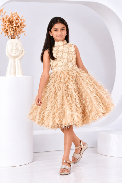 Golden Feather Party Dress for Girls — 3D Floral Bodice | Nibblekins