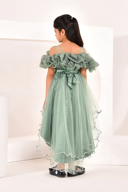 Green off-shoulder dress with ruffles on a white background
