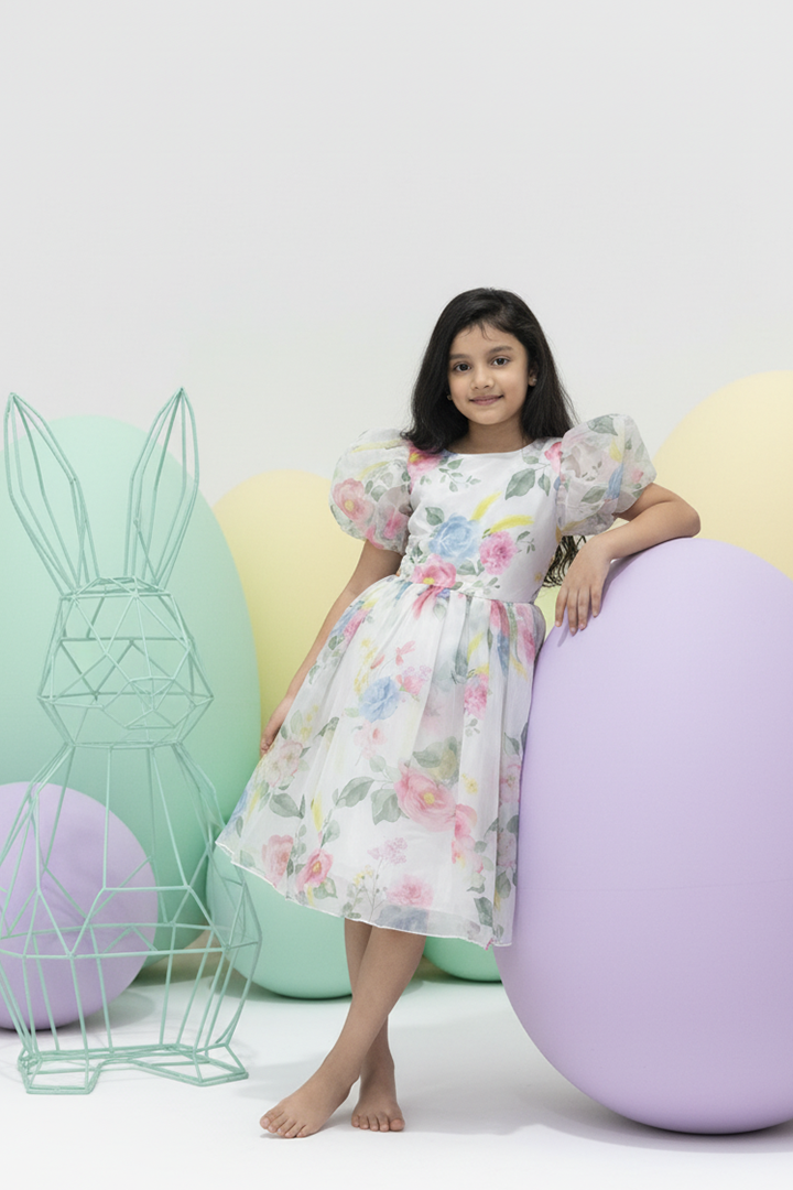 Young girl in a floral dress sitting on a colorful chair with a white background