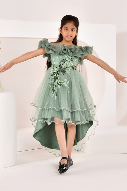 Sage green tulle high-low dress for girls — 3D floral vine appliqué with off-shoulder ruffled neckline — Nibblekins