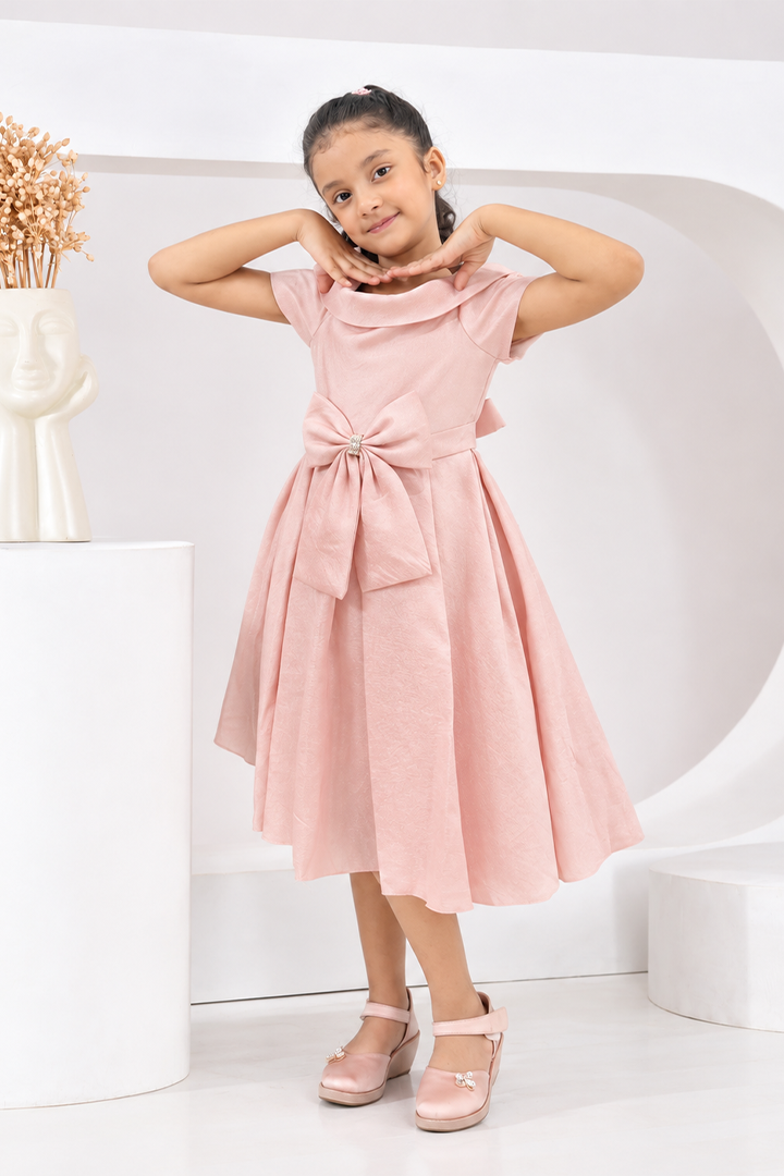 Pink off-shoulder bow party dress for girls — crystal brooch with textured fabric and flared asymmetric skirt — Nibblekins