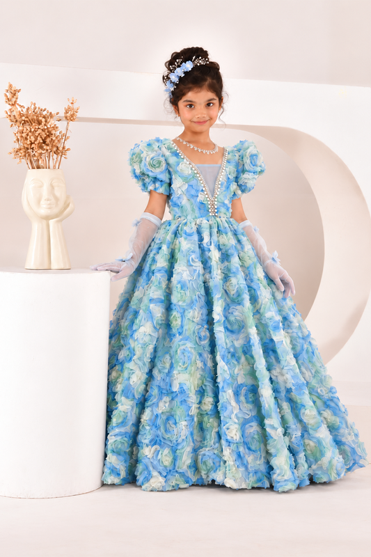 Blue Rose Garden Ball Gown for Girls