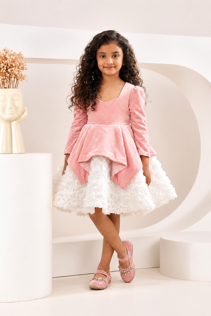 Pink Velvet Peplum Dress for Girls — Rosette Skirt | Nibblekins