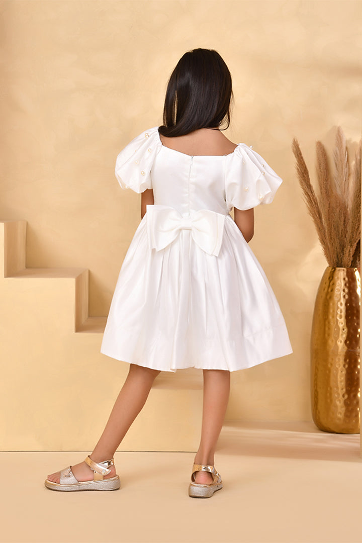 Pearl White Puff Sleeve Party Dress for Girls