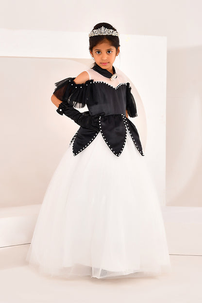 Black and white princess ball gown for girls — petal bodice with pearl trim and white tulle skirt — Nibblekins