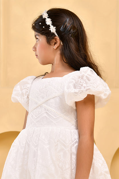 White Floral Embroidered Frock for Girls — Puff Sleeve | Nibblekins
