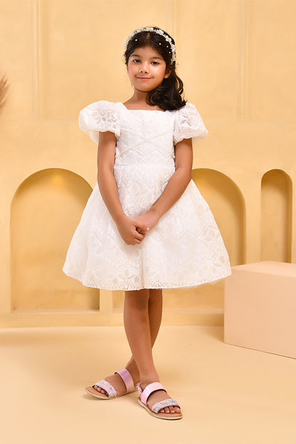 White floral embroidered puff-sleeve frock for girls — flared skirt with delicate embroidery — Nibblekins