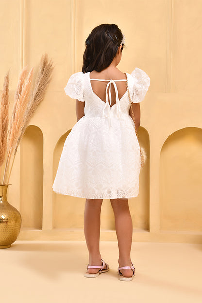 White Floral Embroidered Frock for Girls — Puff Sleeve | Nibblekins