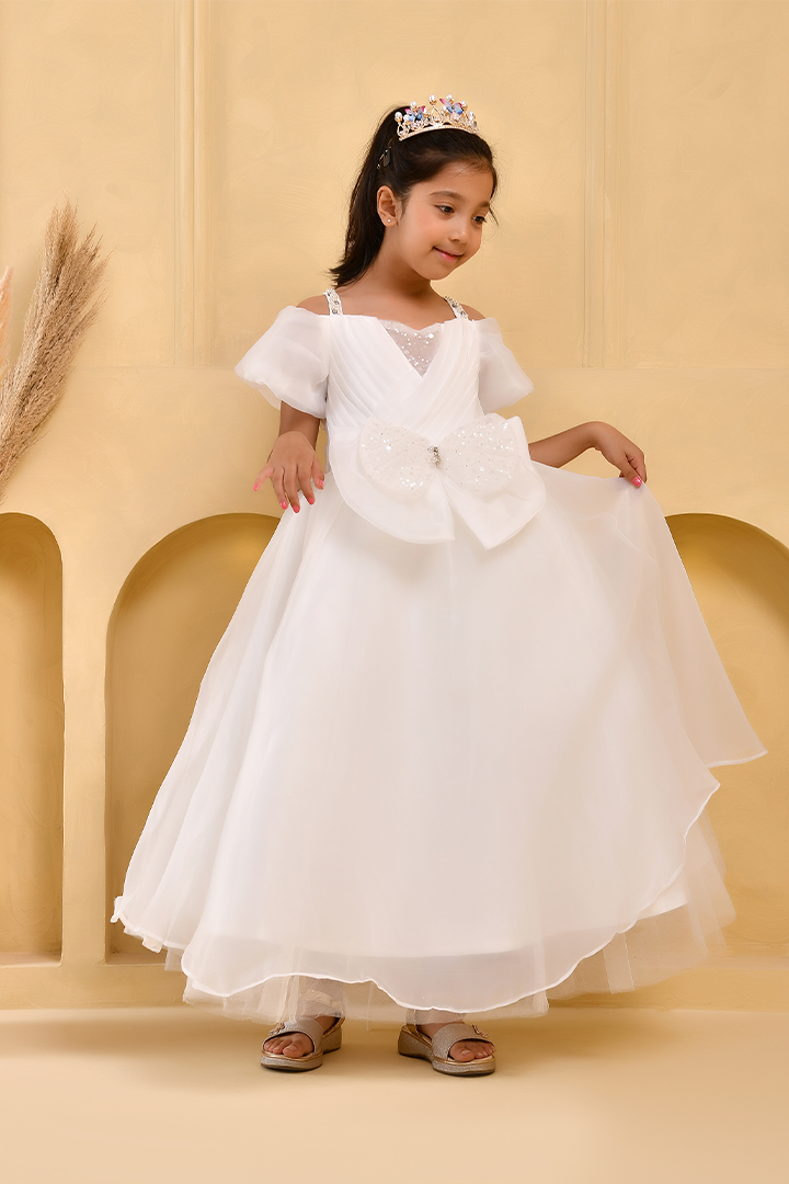 White cold-shoulder organza gown for girls — lace butterfly bow with crystal straps and full A-line skirt — Nibblekins