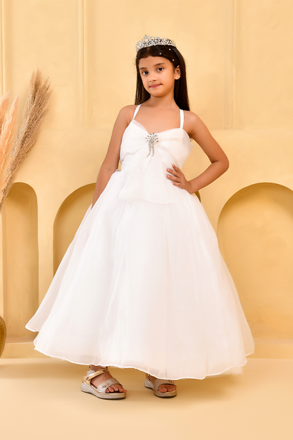 White organza bow gown for girls — large structured bow with crystal brooch and full A-line skirt — Nibblekins