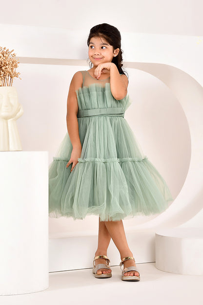 Green tulle party dress for girls — multi-layered skirt with waist belt — Nibblekins
