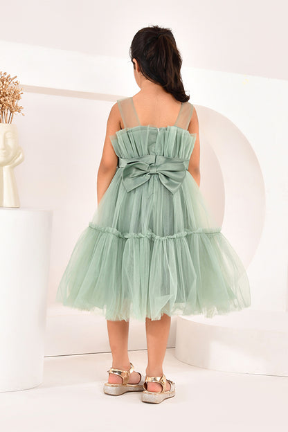 Green tulle party dress for girls — multi-layered skirt with waist belt — Nibblekins