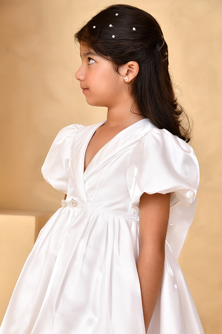 White Satin Princess Party Dress for Girls